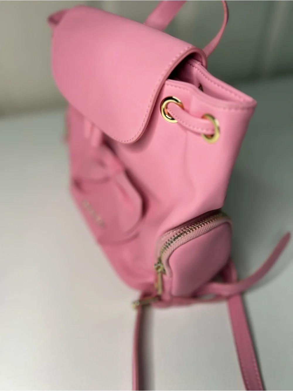 Monnalisa Pink Girls Mini Backpack with Front Bow and Gold Hardware